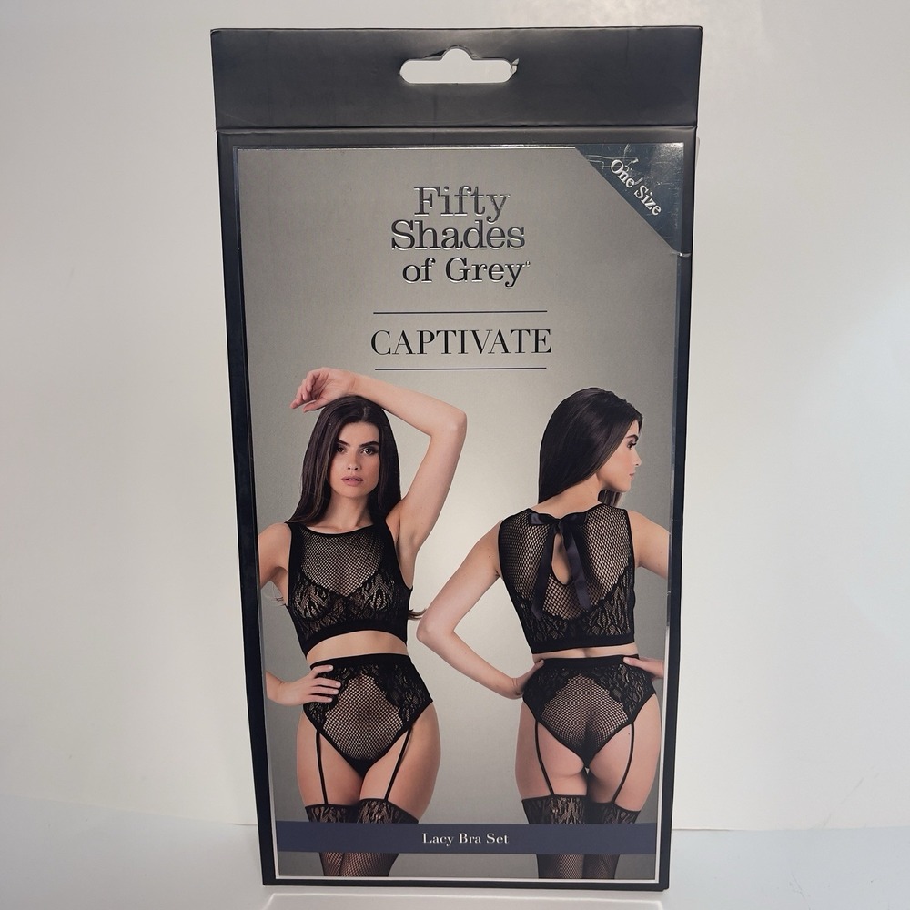 Women's Fifty Shades Of Grey Lacy Bra Set with Attached Thigh High Stockings New